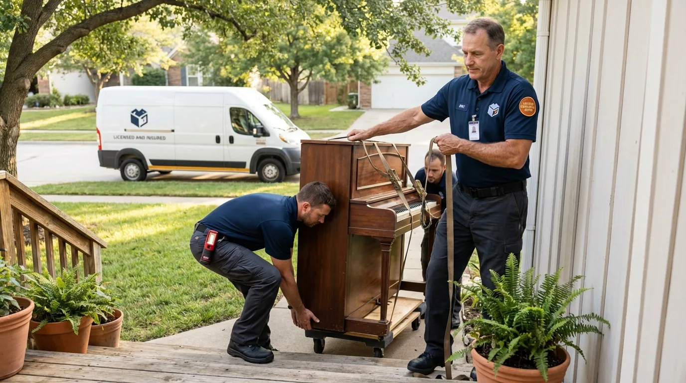 Licensed piano movers securing grand piano in Dixon, MO