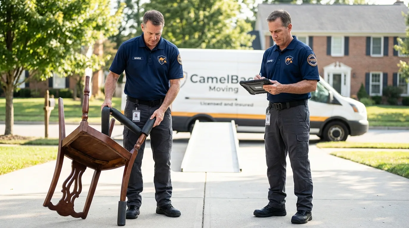 Movers inspecting furniture for damage prevention before loading in Dixon, MO